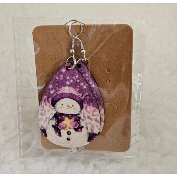 Wood Print Merry Christmas Trees Leopard Snowman Santa Claus Earrings 9 Pair - Picture 8 of 9